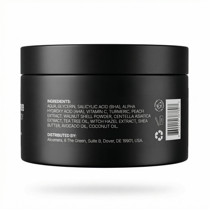 Black jar with ingredients list on a white background
