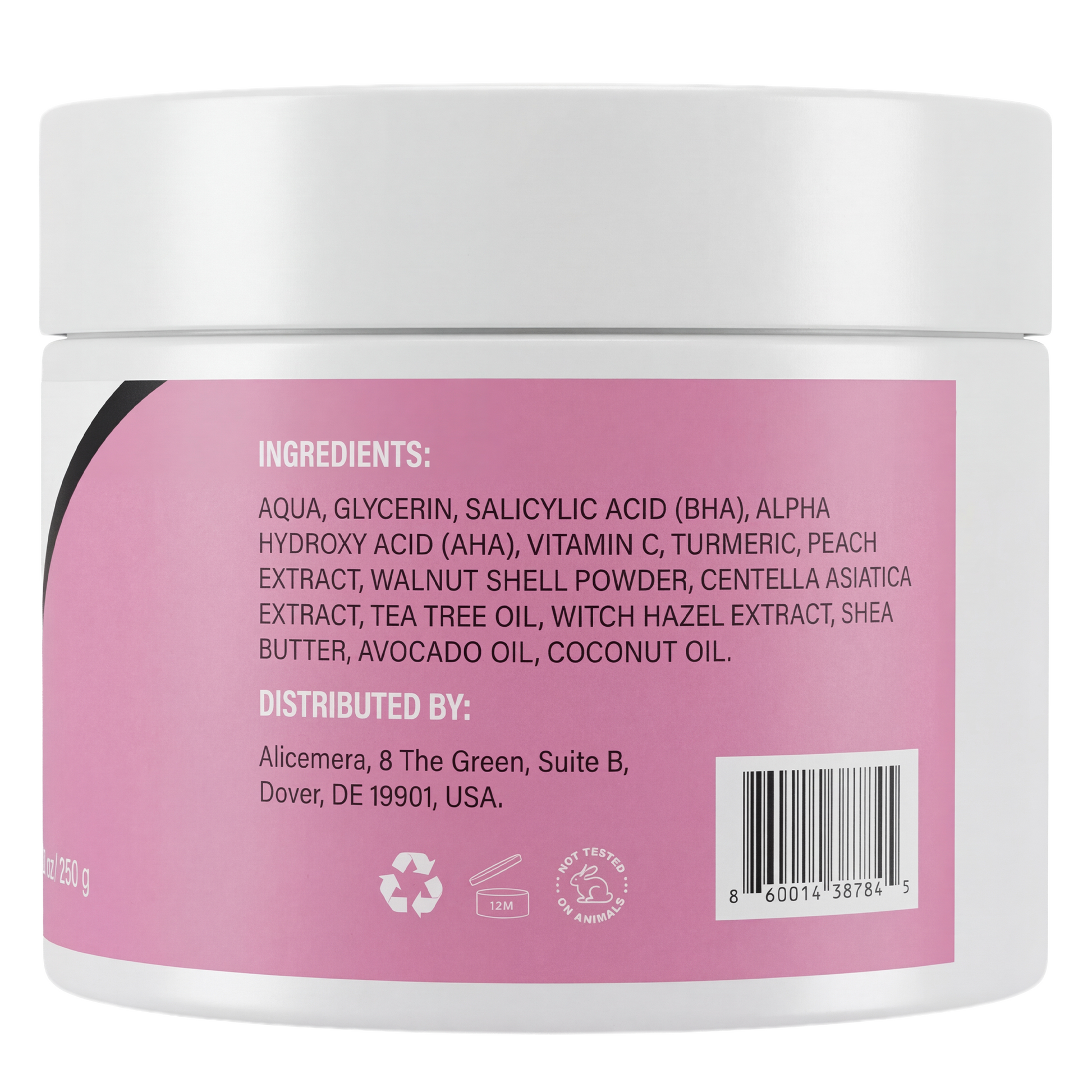 Back view of a cosmetic jar with pink label and white lid, showing ingredients list.
