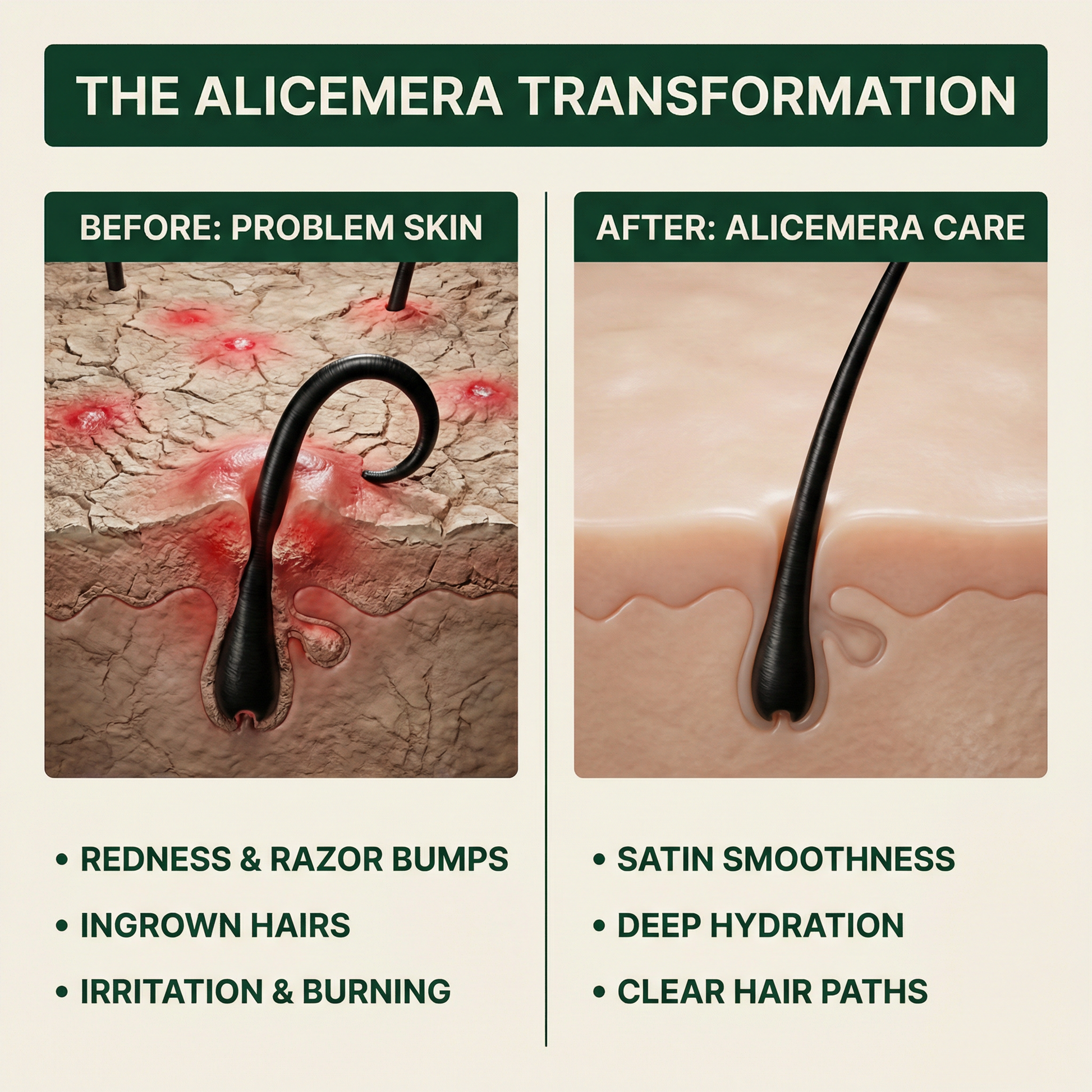 Before and after comparison of skin with Alicemera care showing problem skin and improved skin conditions.