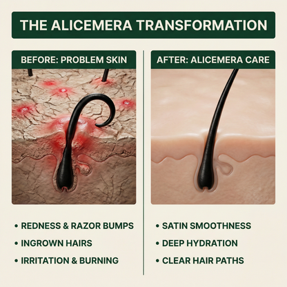 Before and after comparison of skin with Alicemera care showing problem skin and improved skin conditions.