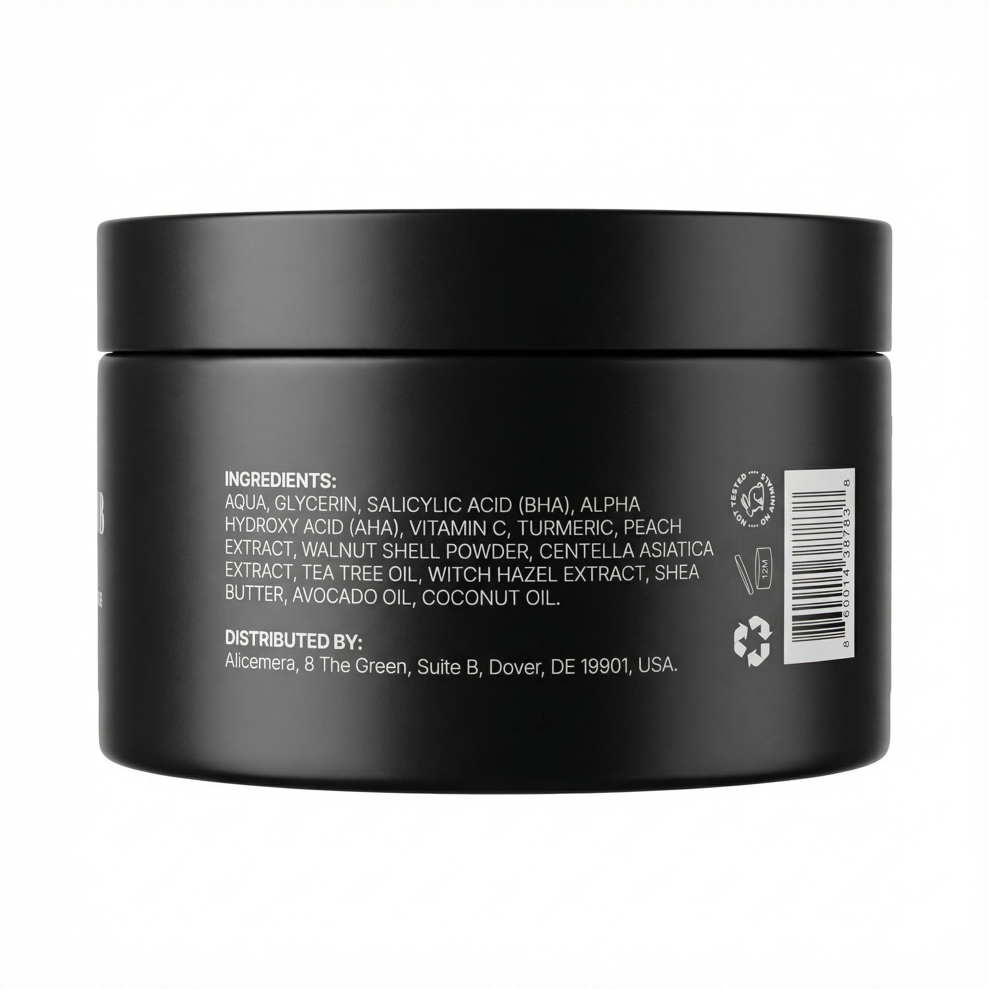 Black jar with ingredients list on a white background