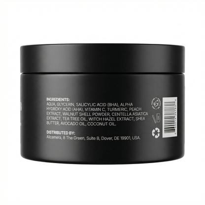 Black jar with ingredients list on a white background