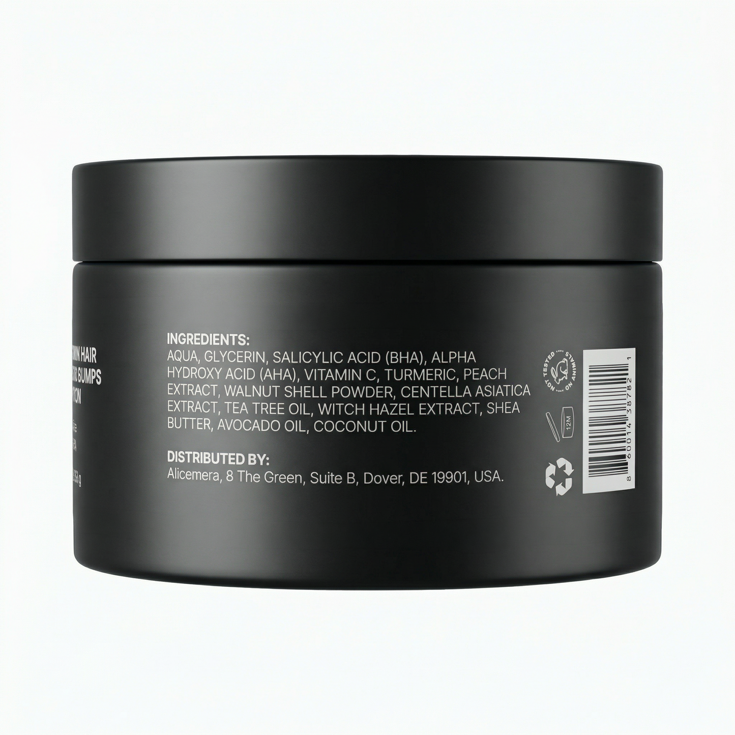Black jar with ingredients list on a white background