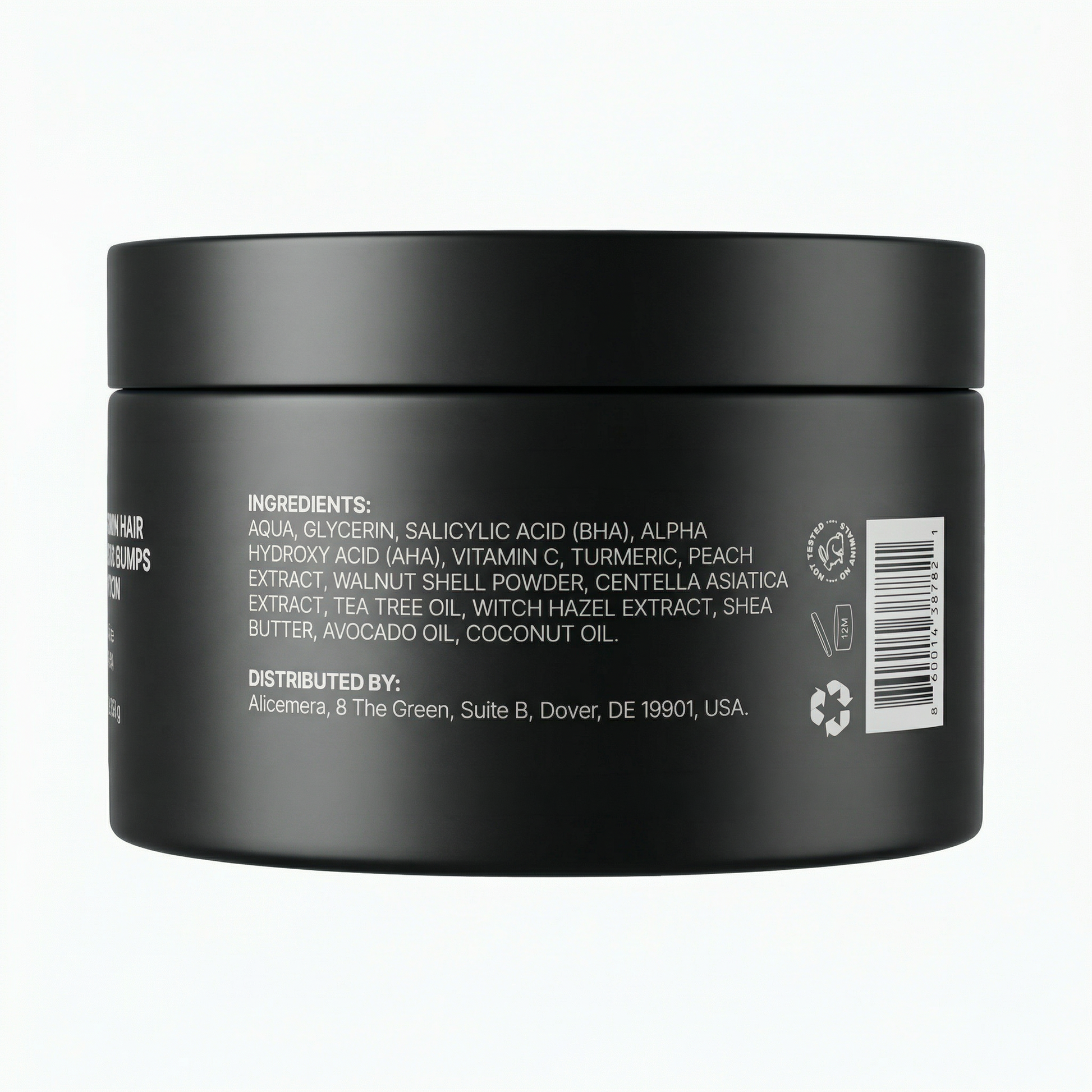 Black jar with ingredients list on a white background