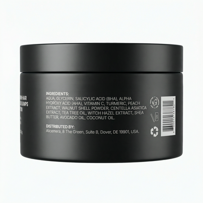 Black jar with ingredients list on a white background