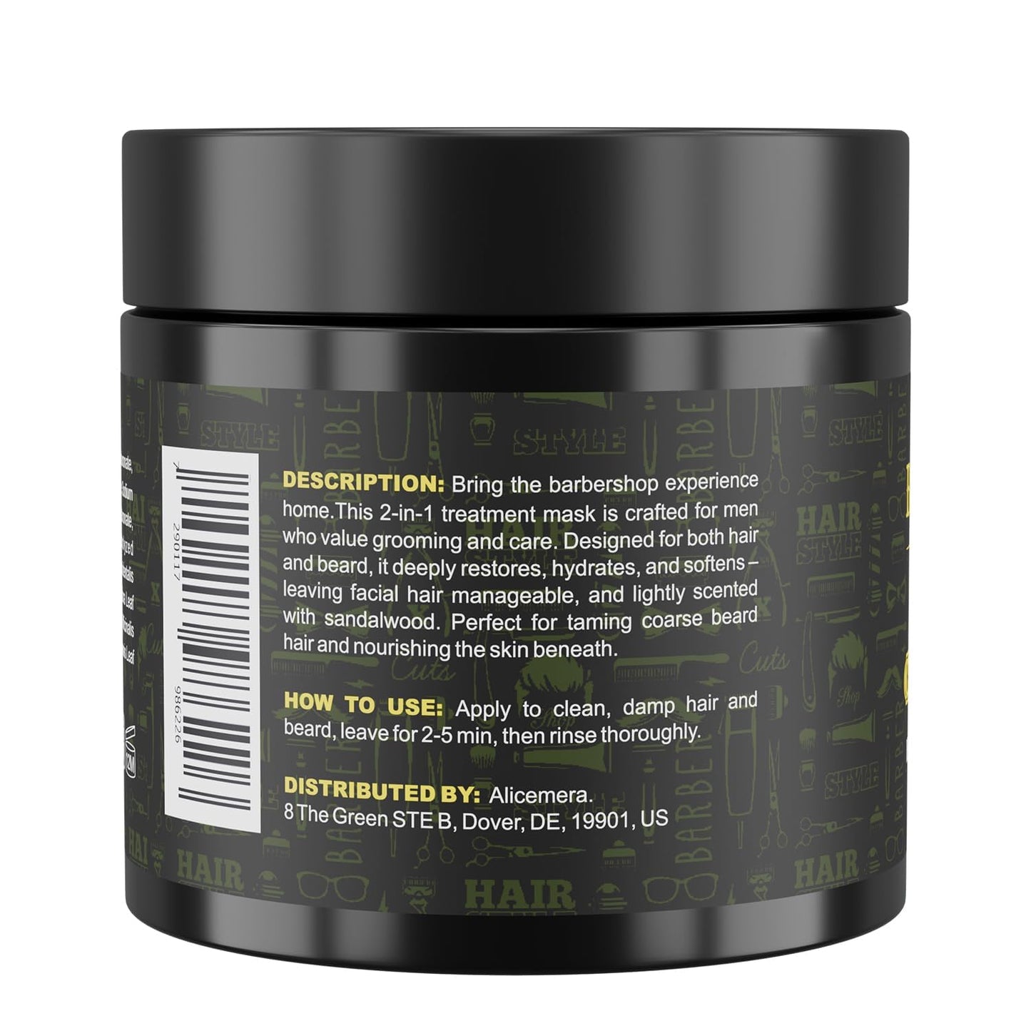 Black hair treatment jar with text on a white background