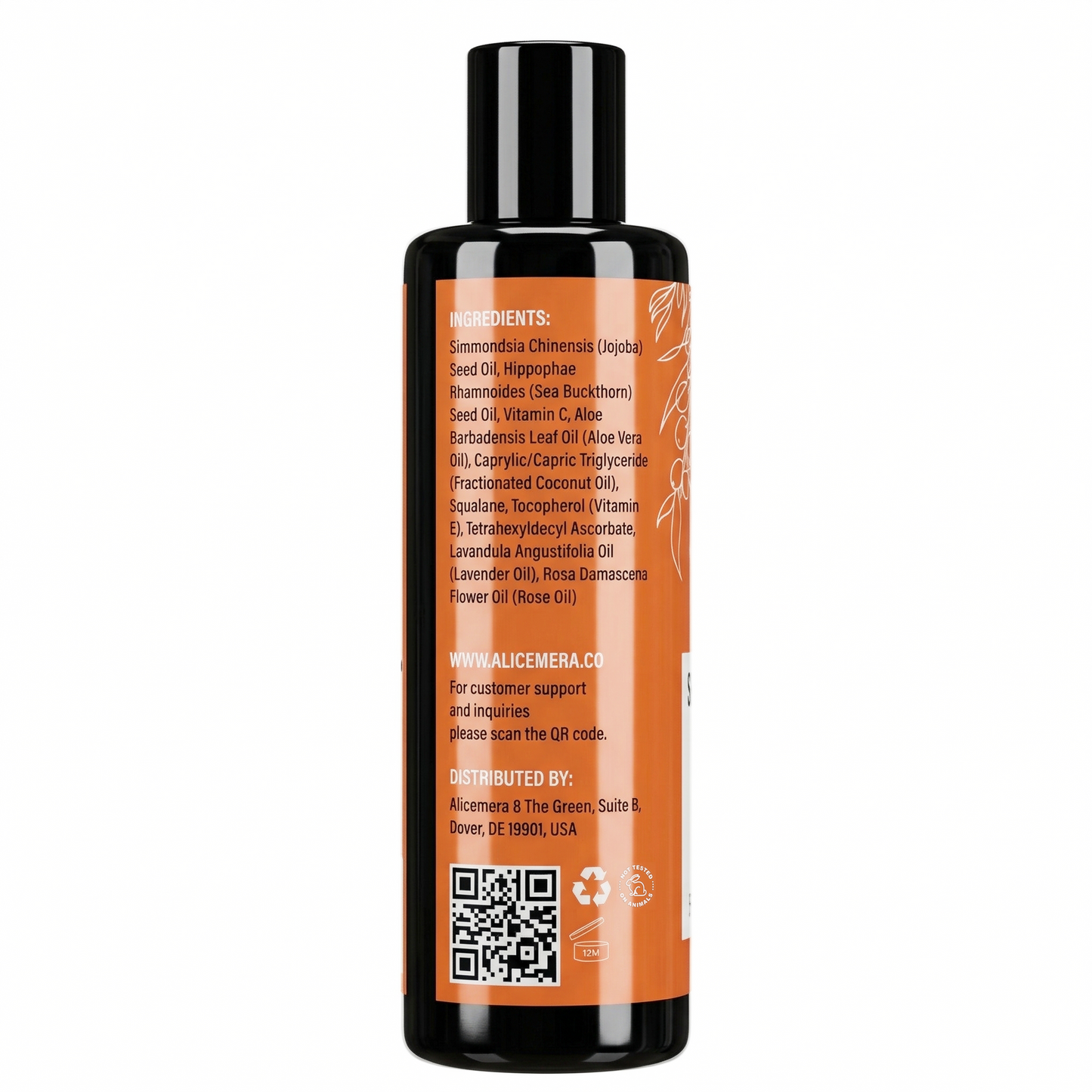 Bottle with orange label and black cap on a white background