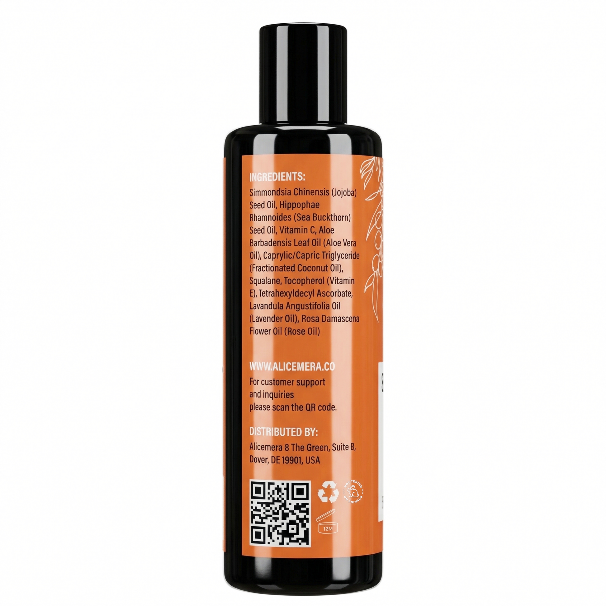 Bottle with orange label and black cap on a white background