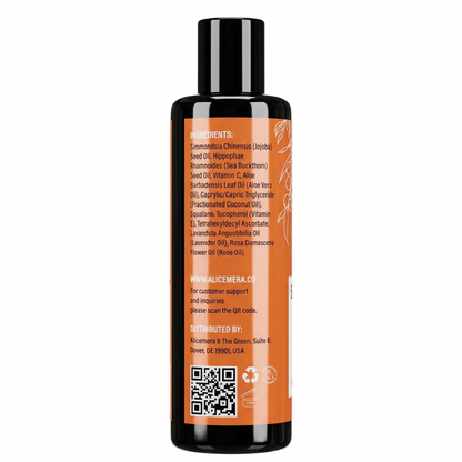 Bottle with orange label and black cap on a white background