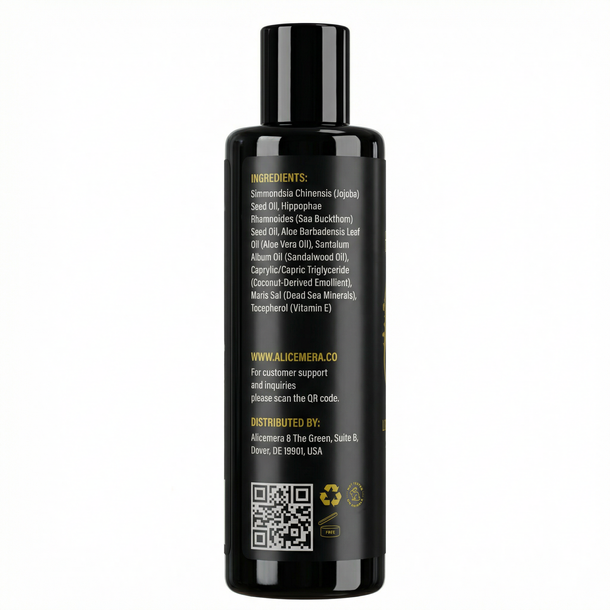 Black bottle with ingredient list on a white background