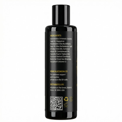 Black bottle with ingredient list on a white background