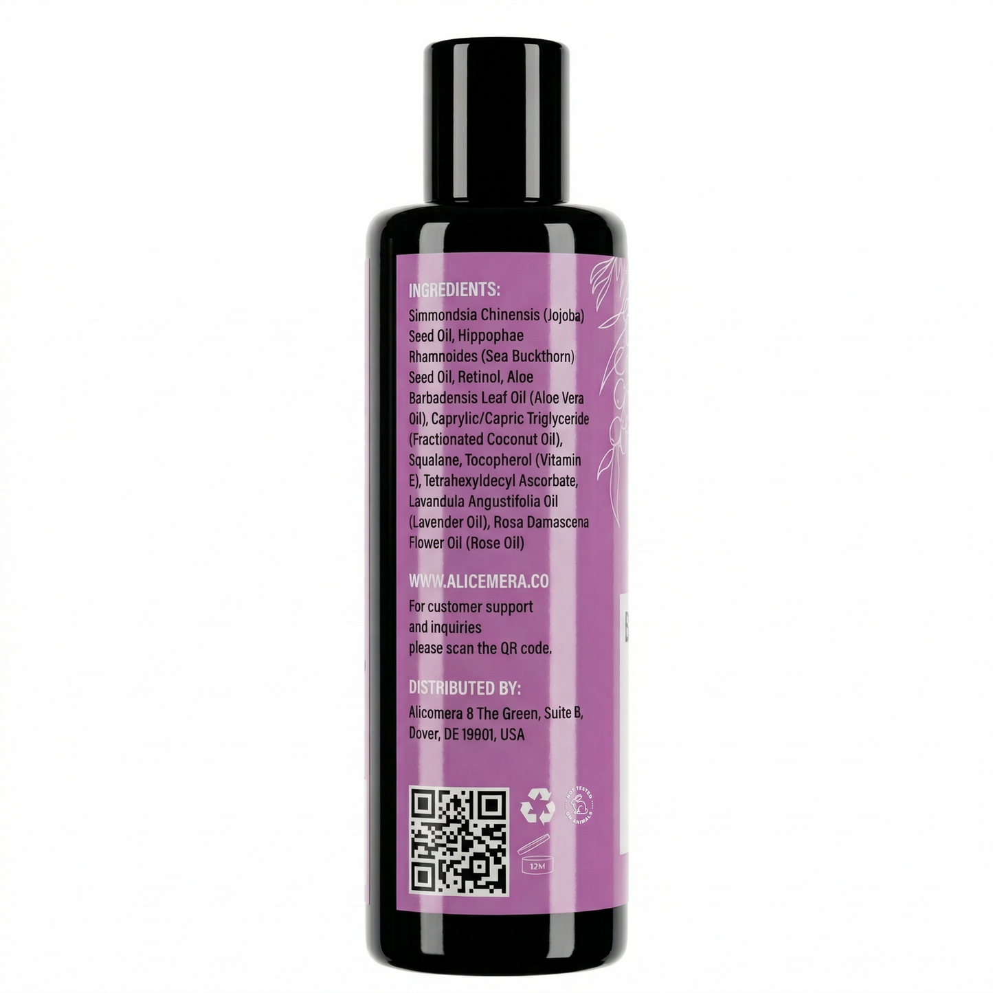 Bottle with a purple label on a white background