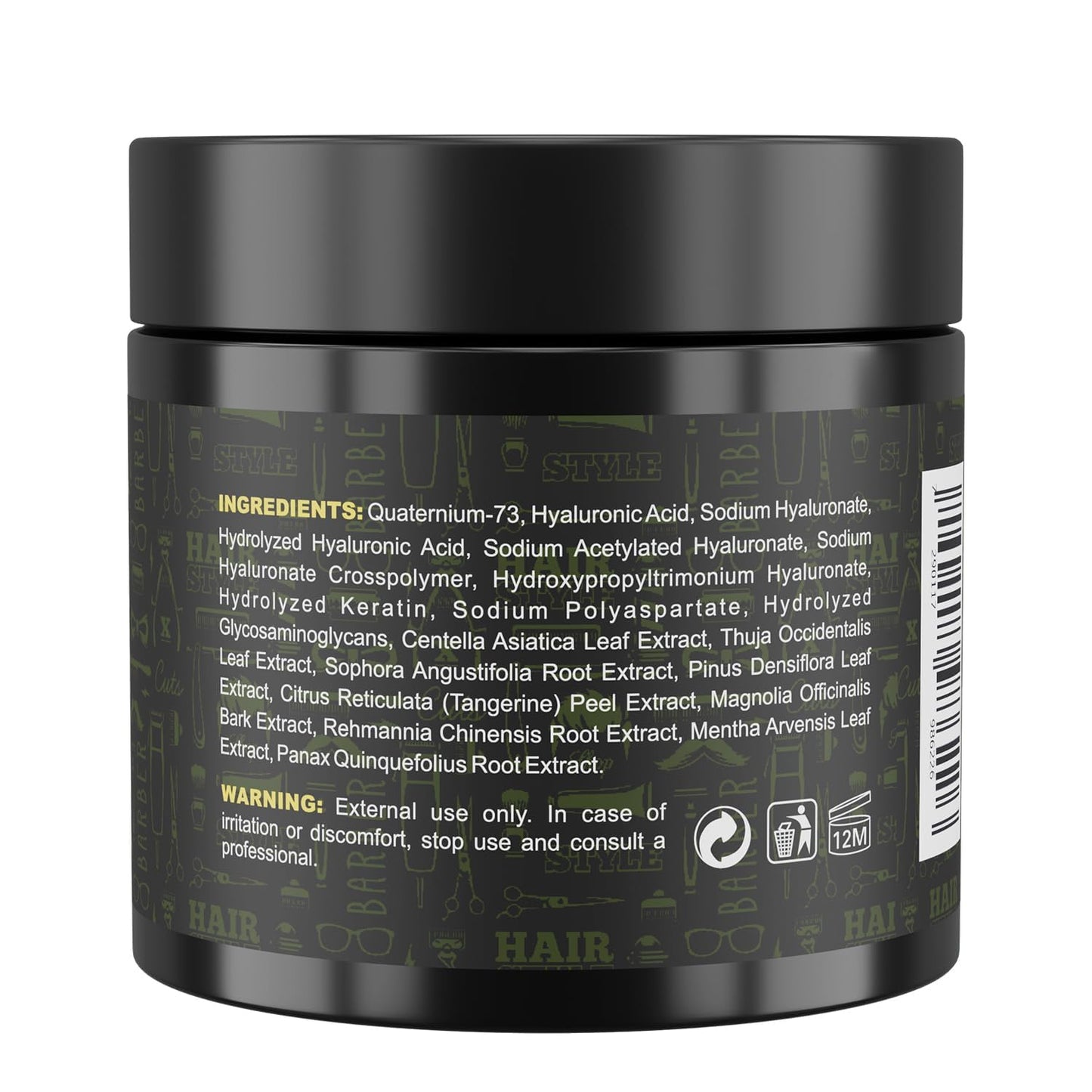 Black jar with ingredient list and warning label on a white background