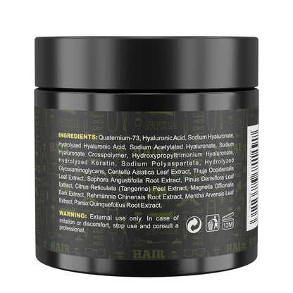 Black jar with ingredient list and warning label on a white background