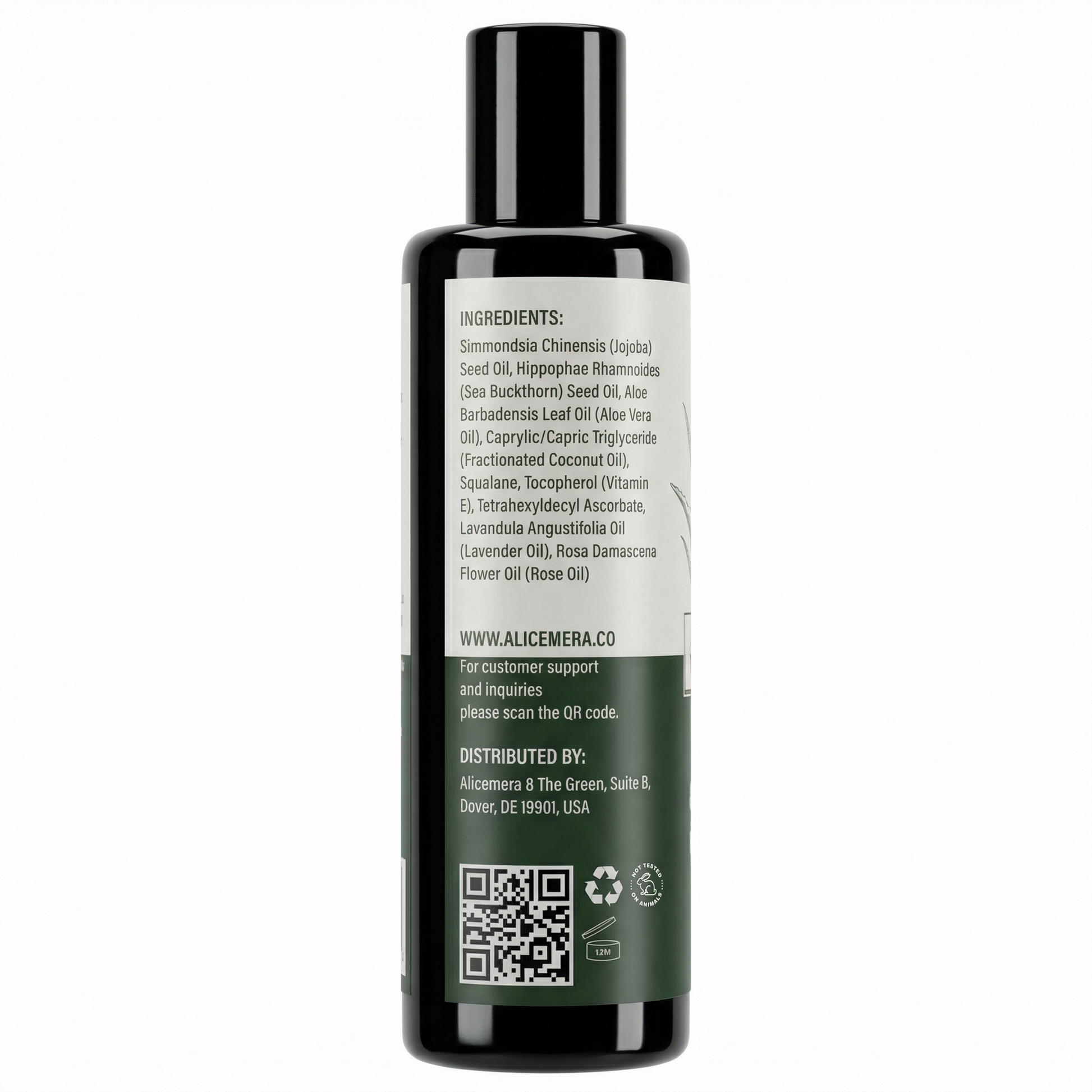 Bottle with a label showing ingredients and contact information on a white background
