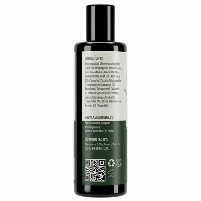 Bottle with a label showing ingredients and contact information on a white background