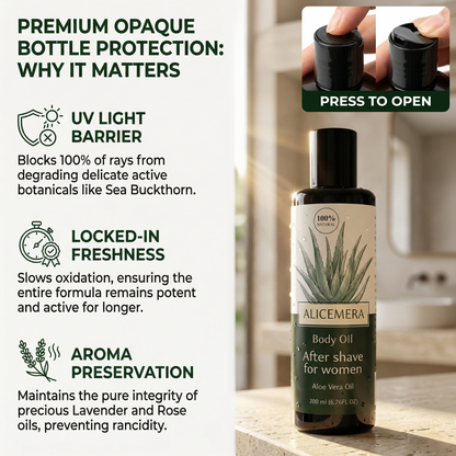 Alicemera body oil bottle with text explaining bottle protection features.