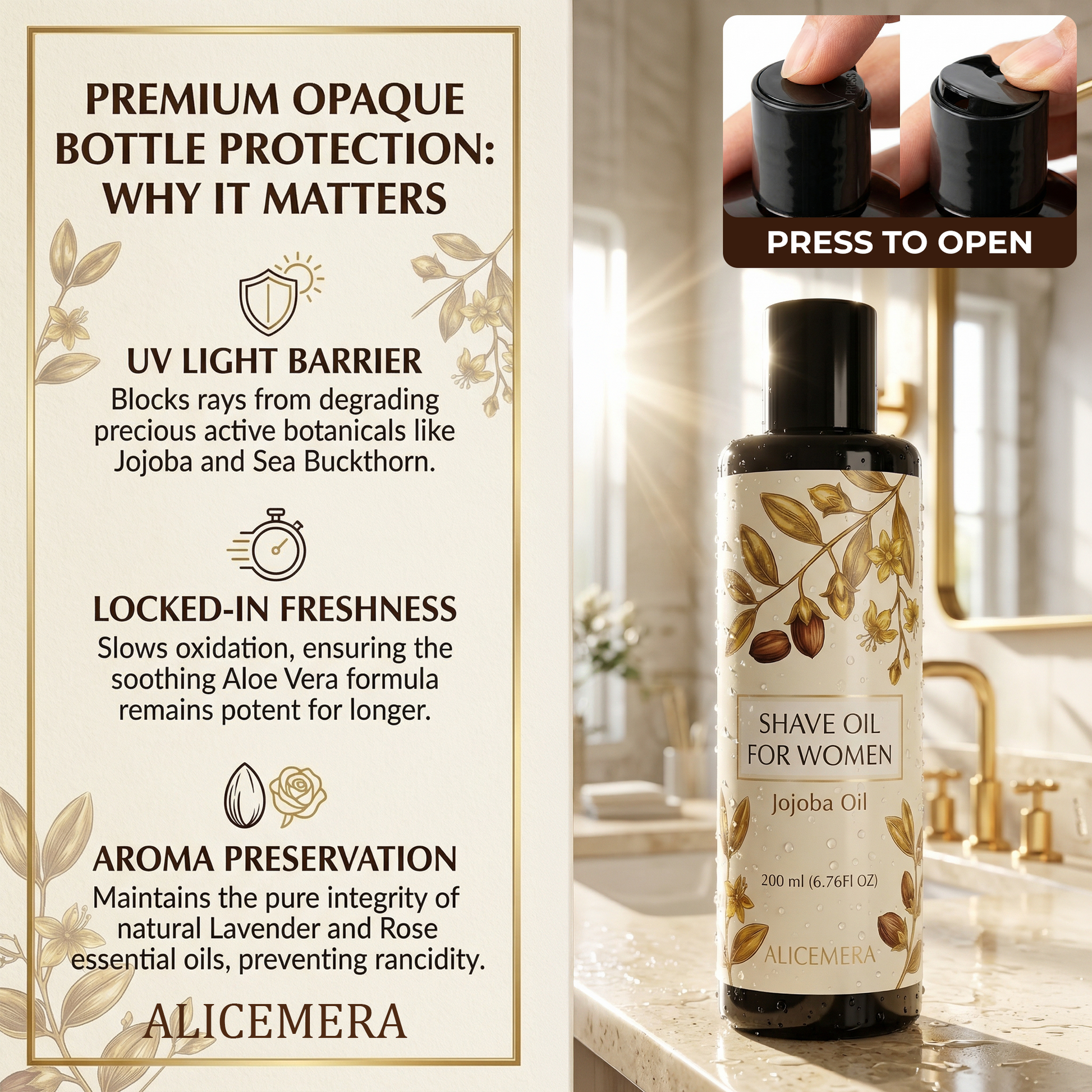 Shave oil bottle with text on bottle protection and features, set against a bathroom background.