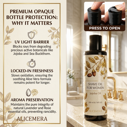 Shave oil bottle with text on bottle protection and features, set against a bathroom background.