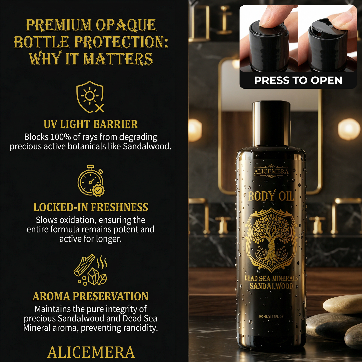 Alicemera Dead Sea Minerals Sandalwood body oil bottle with features highlighted on a black background.