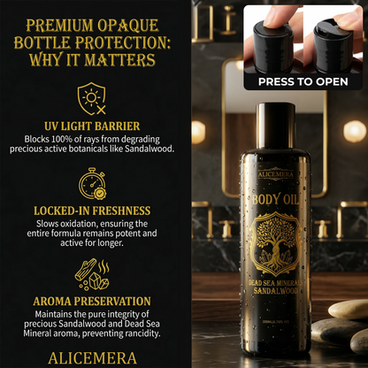 Alicemera Dead Sea Minerals Sandalwood body oil bottle with features highlighted on a black background.