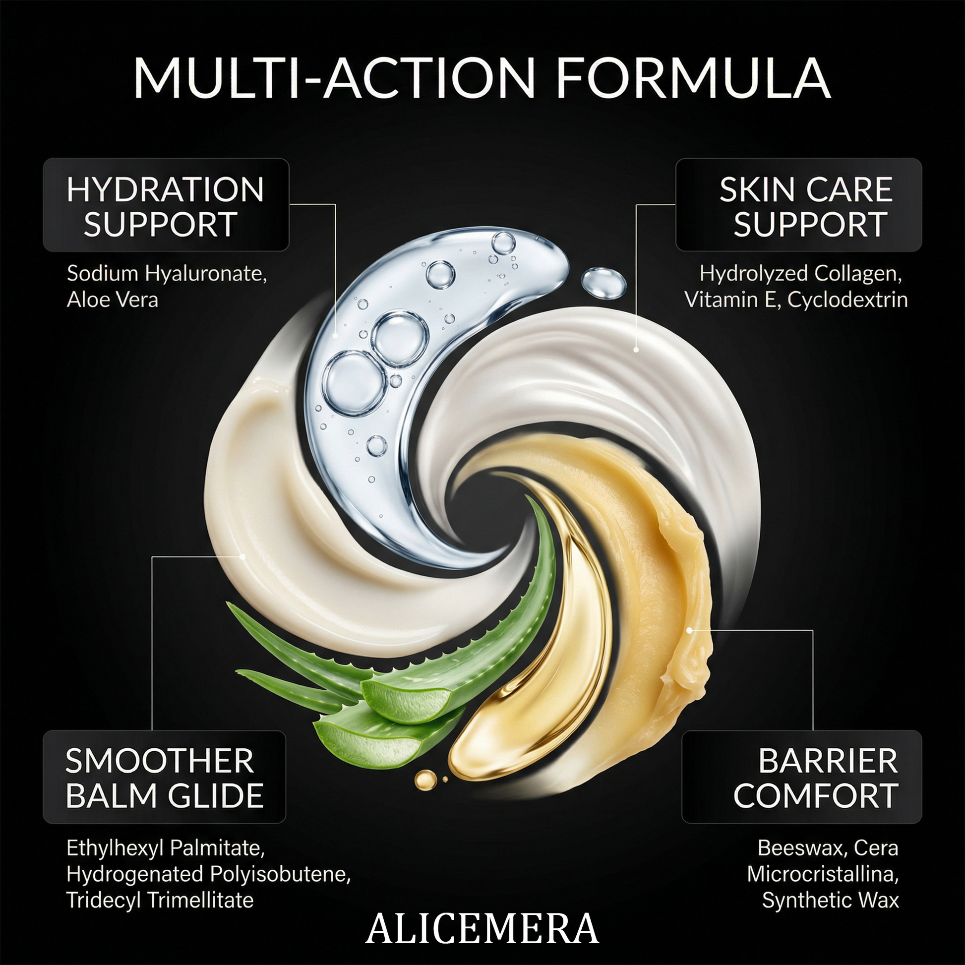 Multifunctional skincare product with ingredients and benefits on a black background, featuring the brand 'ALICEMERA'.