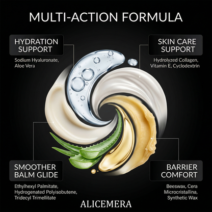 Multifunctional skincare product with ingredients and benefits on a black background, featuring the brand 'ALICEMERA'.