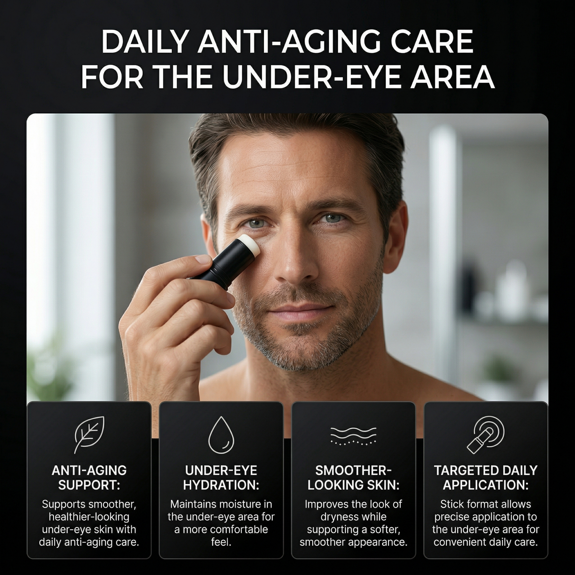 Man applying eye cream with text about daily anti-aging care for the under-eye area.
