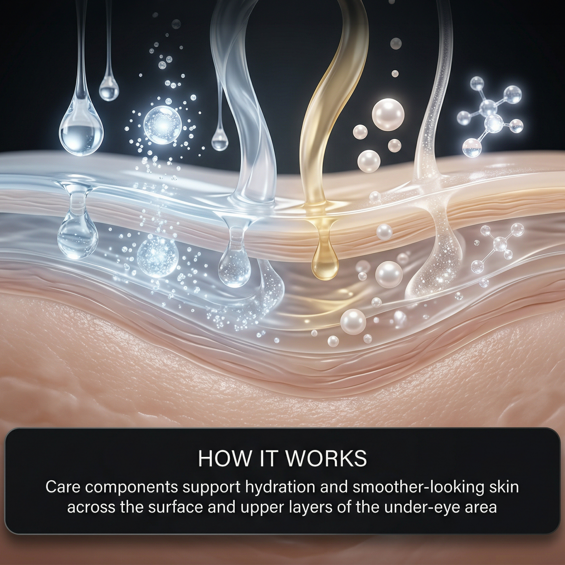 Illustration of skincare product application on skin with text about hydration.