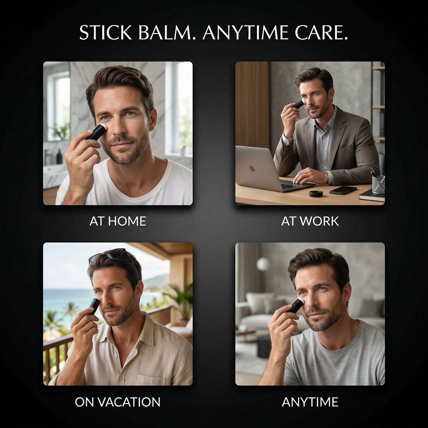 Man applying stick balm in various settings with text 'Stick Balm. Anytime Care.'