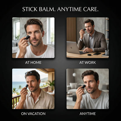 Man applying stick balm in various settings with text 'Stick Balm. Anytime Care.'