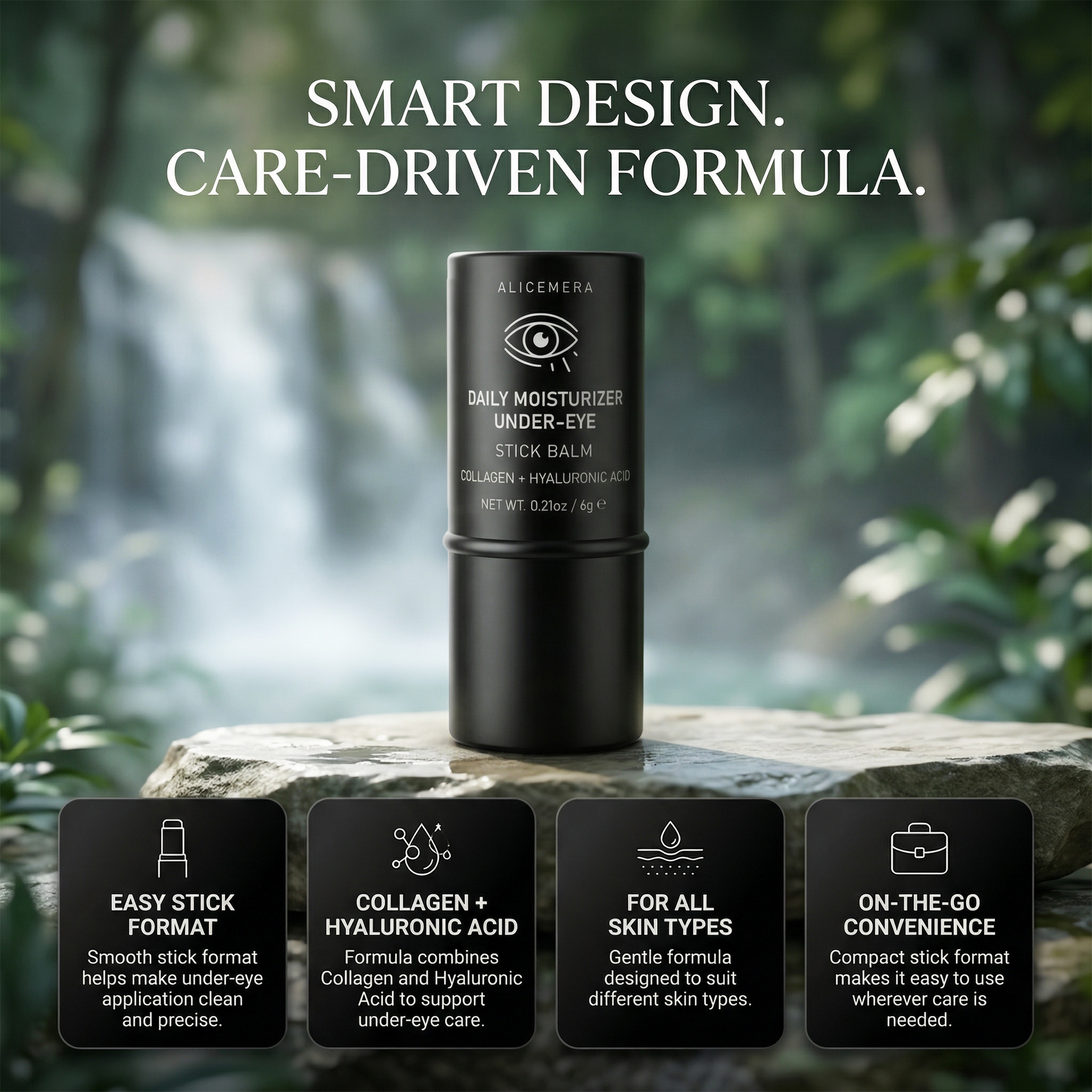 Black stick balm with greenery in the background and product features displayed.