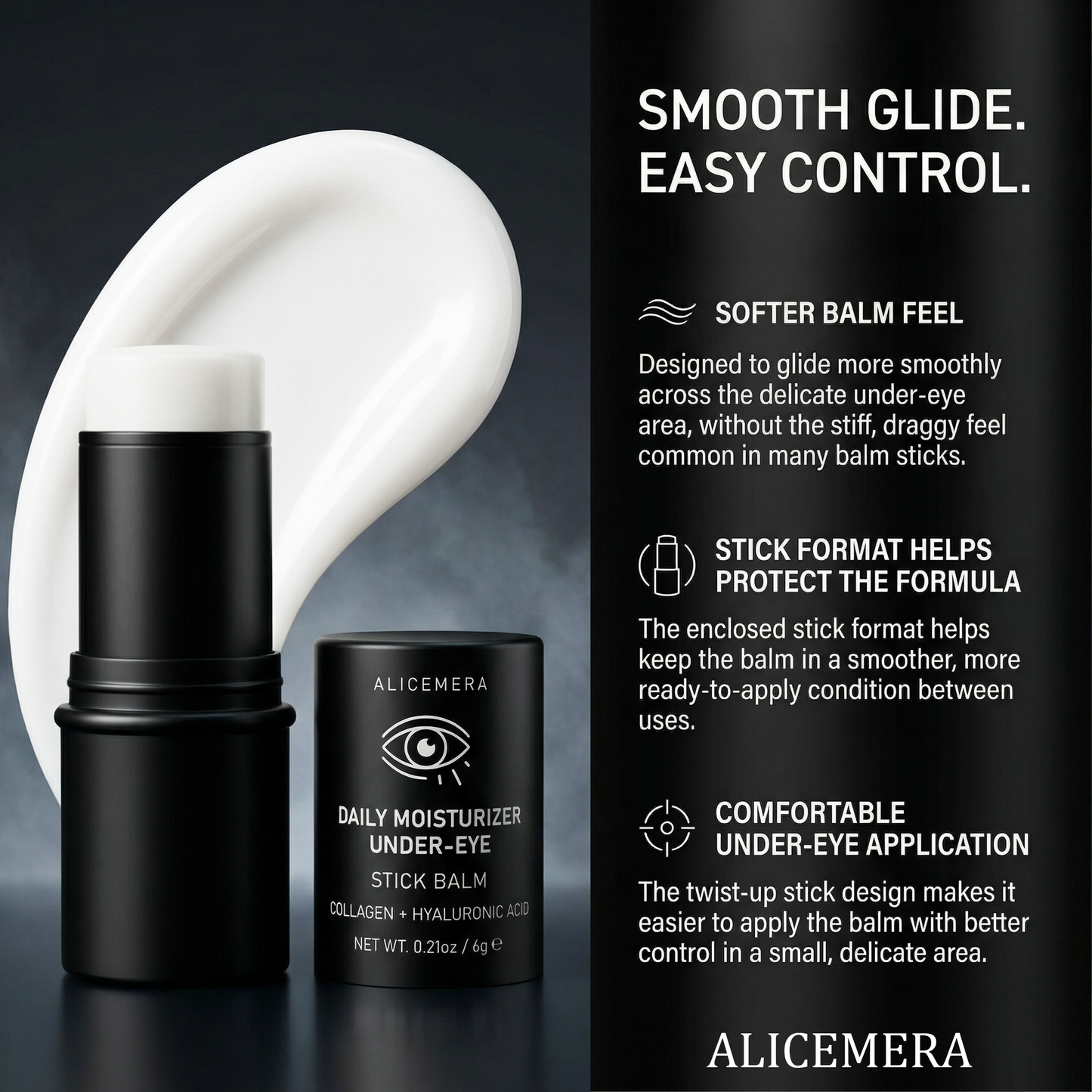 Alicemera Daily Moisturizer Under-Eye Stick Balm with product and brand information on a dark background