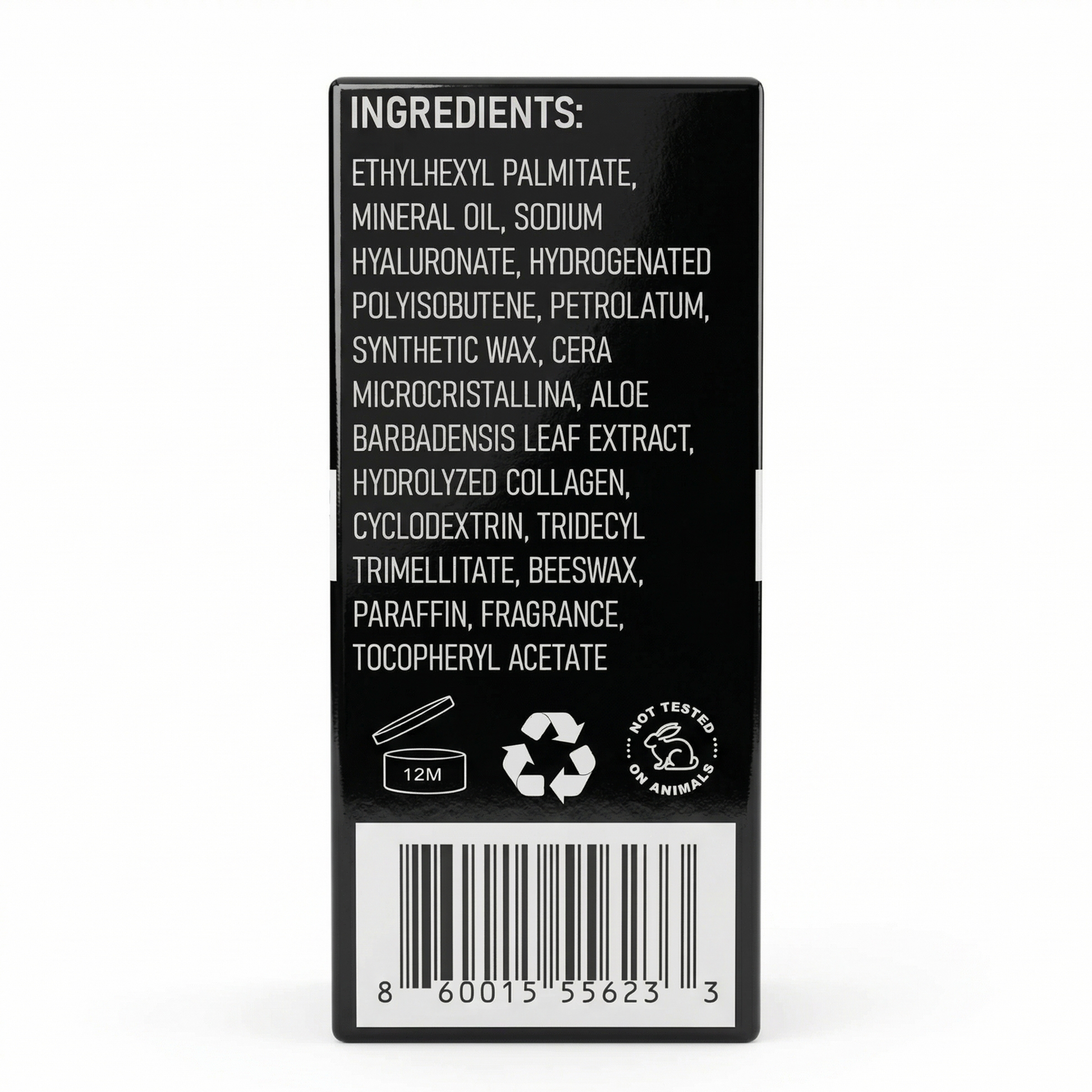 Product label with ingredients list on a white background