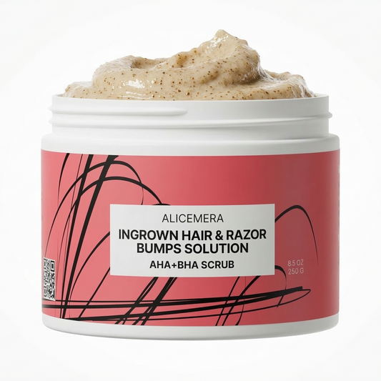 Jar of Alicemera ingrown hair and razor bumps solution scrub on a white background