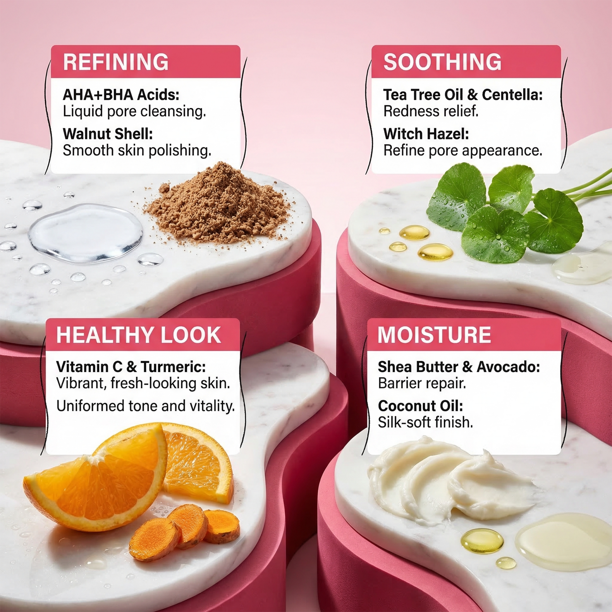 Cosmetic products with labels on a pink background