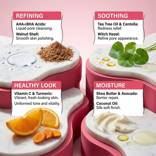 Cosmetic products with labels on a pink background