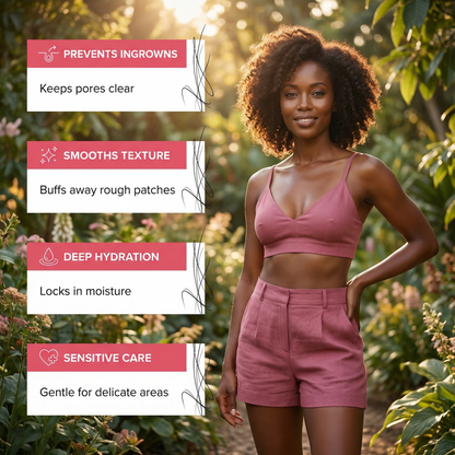 Woman in pink outfit standing outdoors with skincare benefits listed on the left