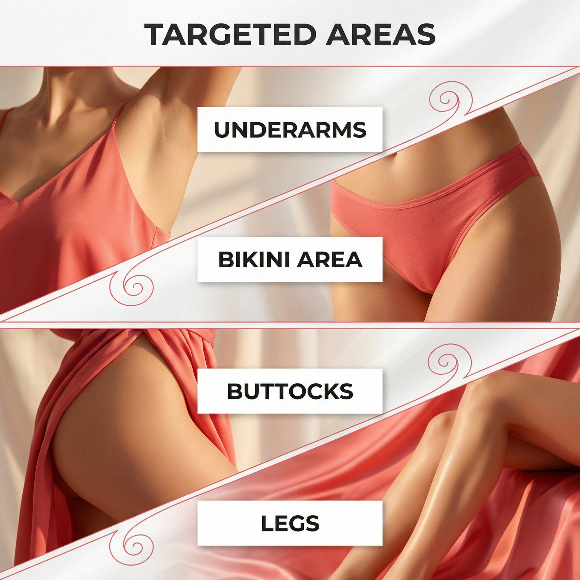 Woman in red bikini with labeled targeted areas for body contouring or slimming.