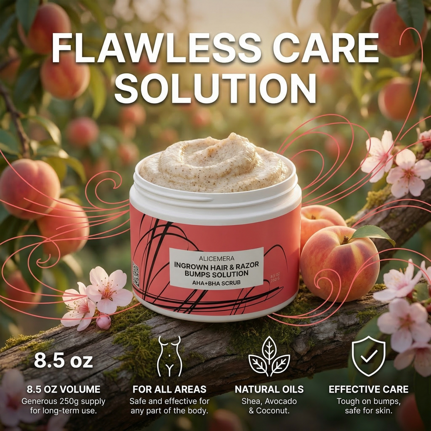 Jar of skincare product with peaches and flowers on a branch, labeled 'Flawless Care Solution'.