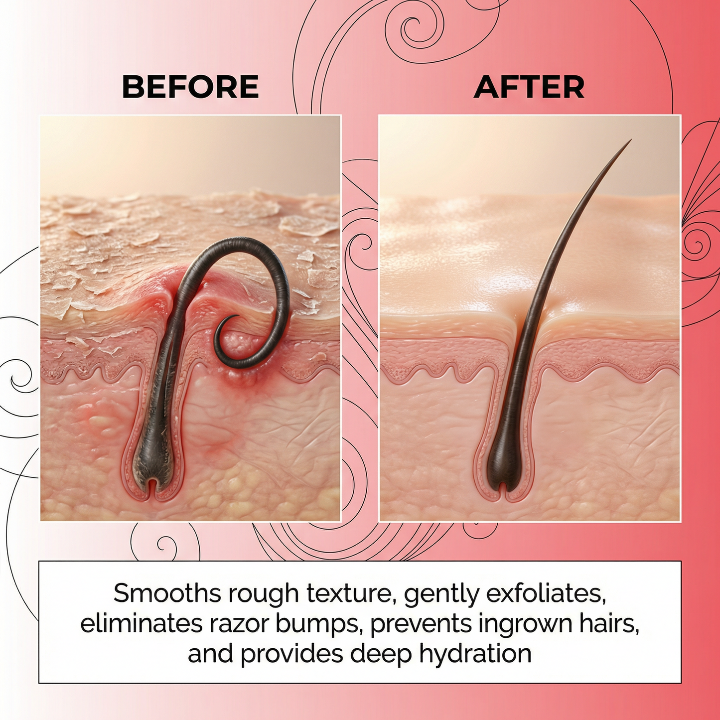 Before and after comparison of skin texture with text describing product benefits on a pink background.