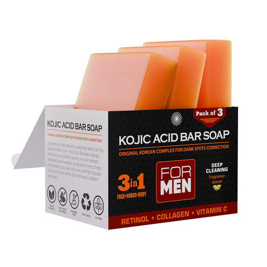 Kojic Acid Bar Soap packaging with three bars on a white background