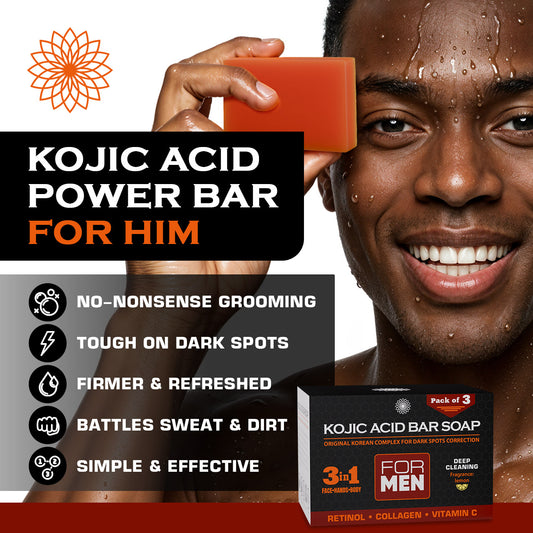 Kojic Acid Power Bar for Him with a man holding a bar of soap, featuring product details and benefits.