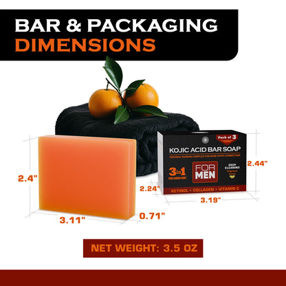 Kojic Acid Bar Soap packaging with dimensions and net weight information.