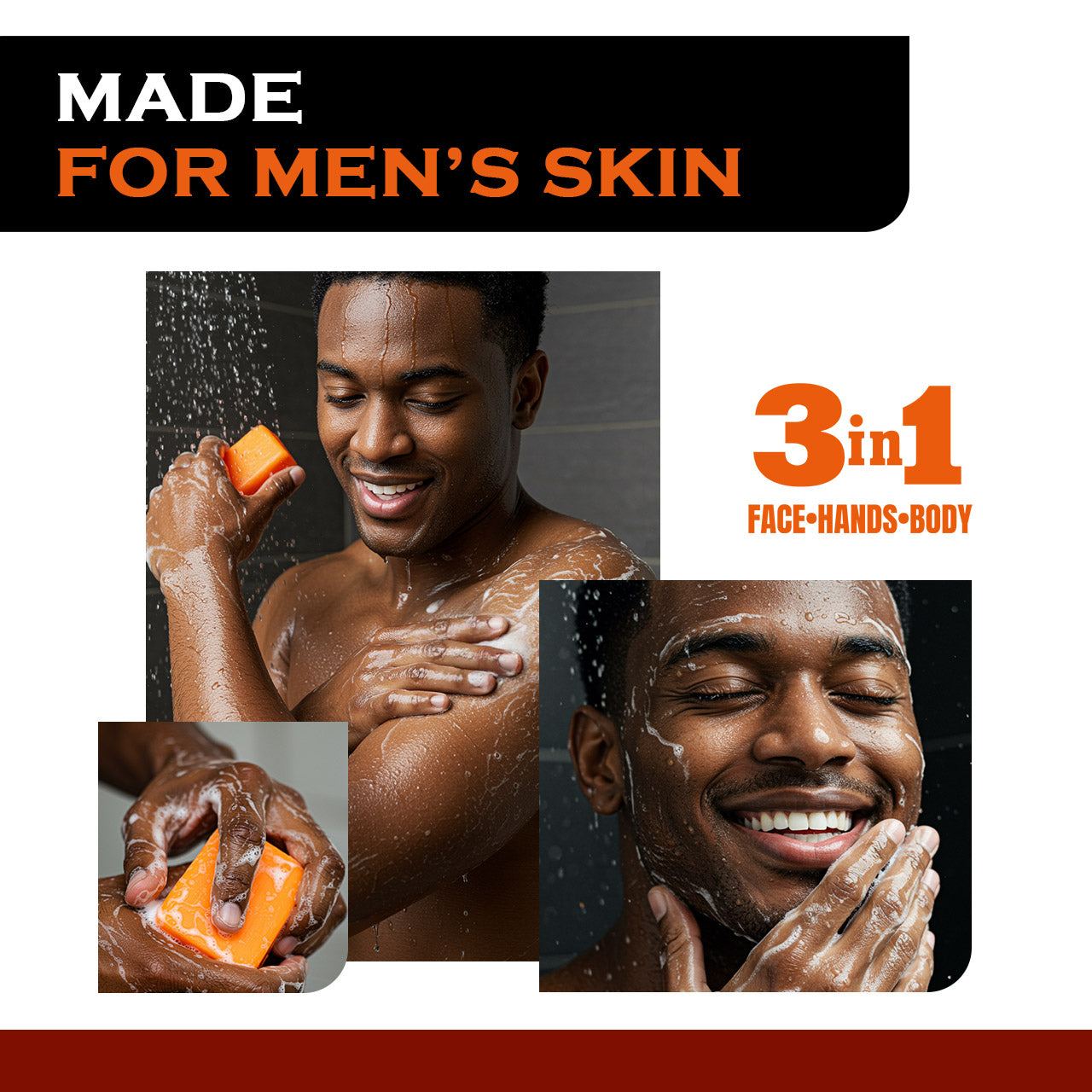 Advertisement for a men's skincare product with a man using the product on his face, hands, and body.