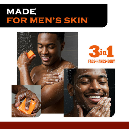 Advertisement for a men's skincare product with a man using the product on his face, hands, and body.