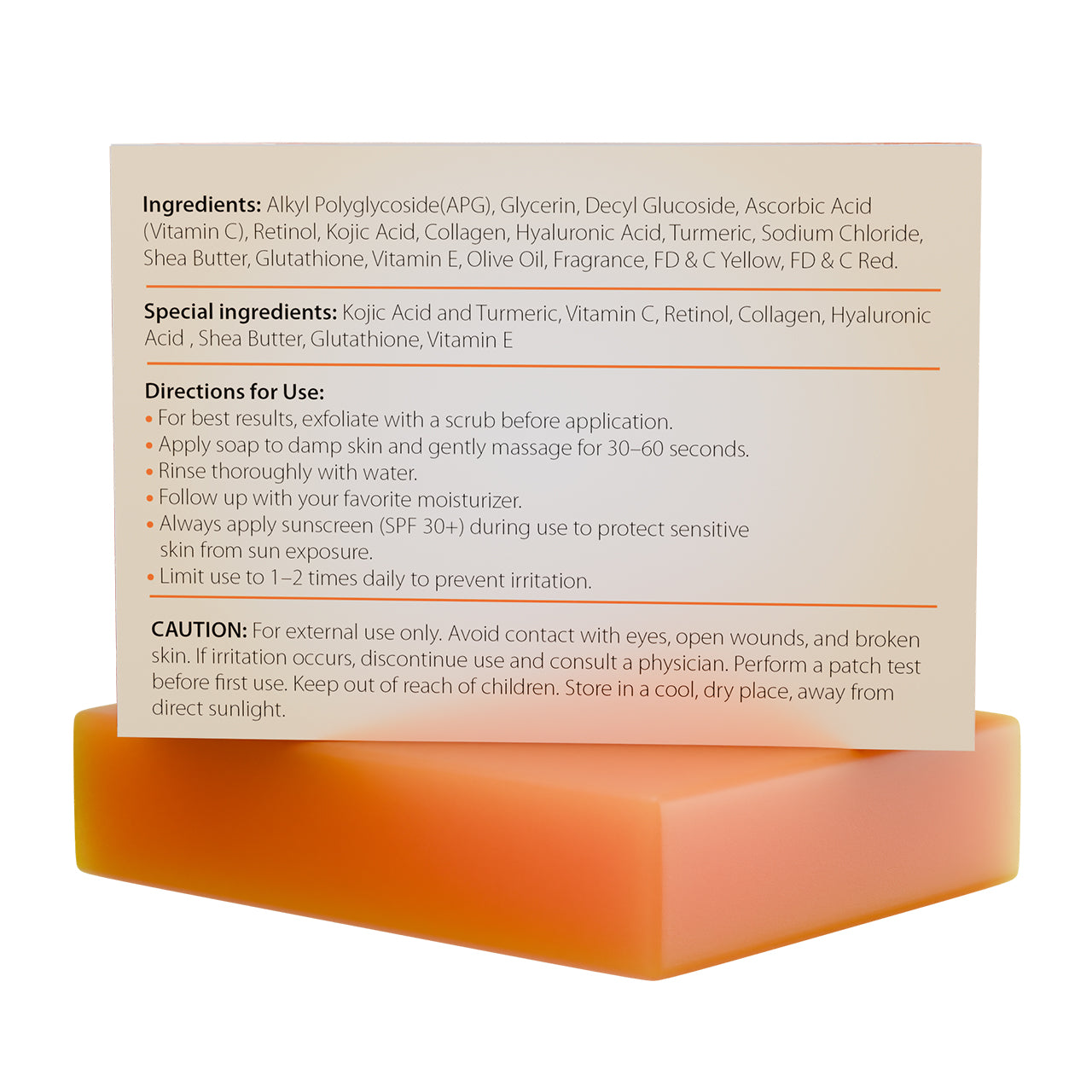 Orange soap bar with a label detailing ingredients, special ingredients, directions for use, and cautions.