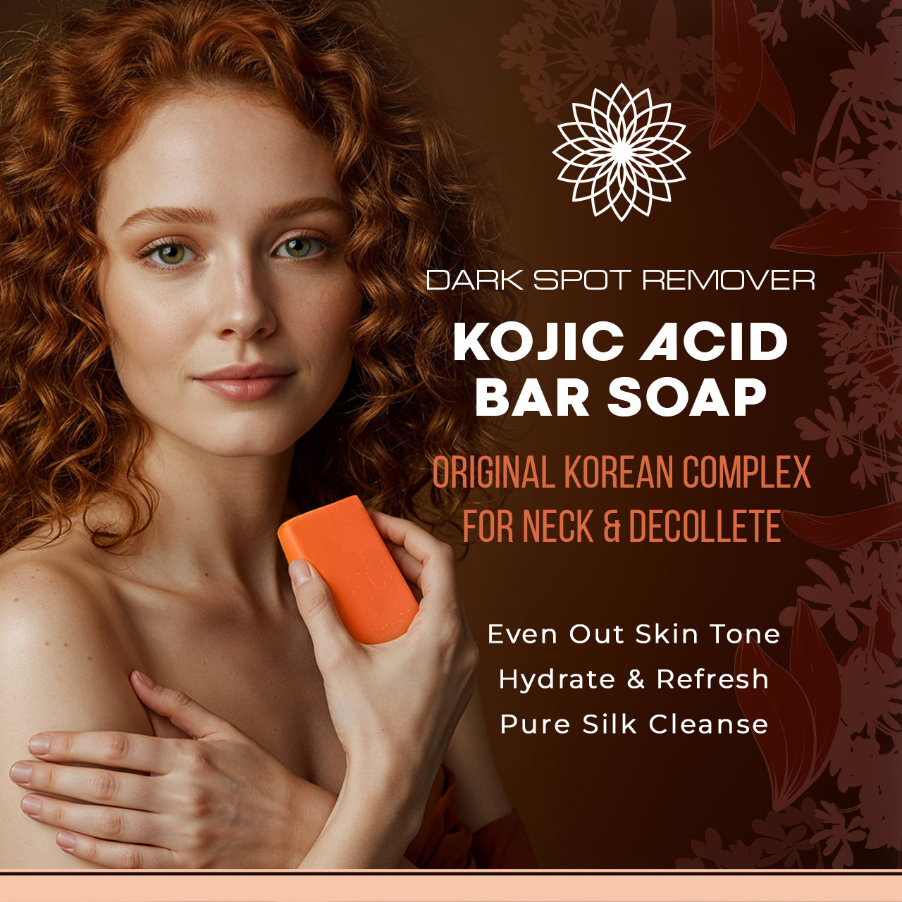Woman holding an orange bar of soap with text about Kojic Acid Bar Soap on a brown background
