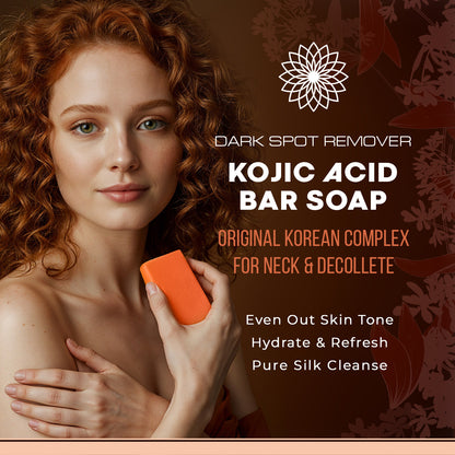 Woman holding an orange bar of soap with text about Kojic Acid Bar Soap on a brown background