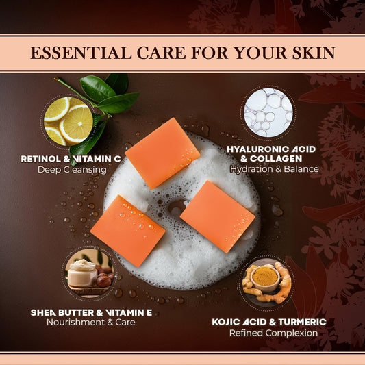 Skincare product packaging with ingredients and benefits on a brown background